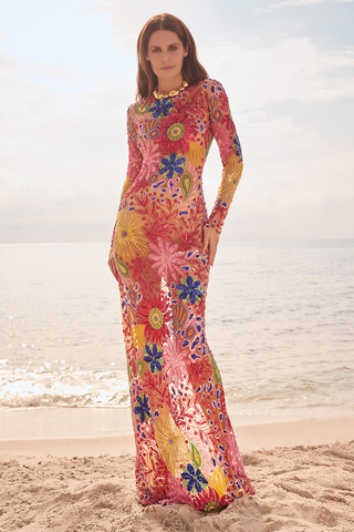 Beaded Floral Long Sleeve Gown