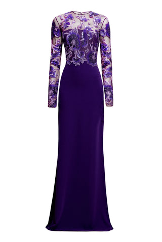BEADED BODICE JEWEL NECK LONG SLEEVE FIT-AND-FLARE GOWN
