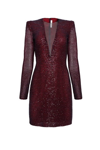 V-NECK ILLUSION NECKLINE LONG SLEEVE DRESS