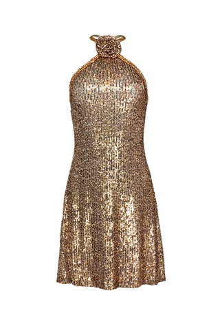 STRETCH SEQUIN HALTER DRESS WITH BEADED TRIM