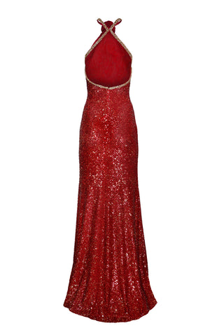 STRETCH SEQUIN HALTER FIT-AND-FLARE GOWN WITH BEADED TRIM