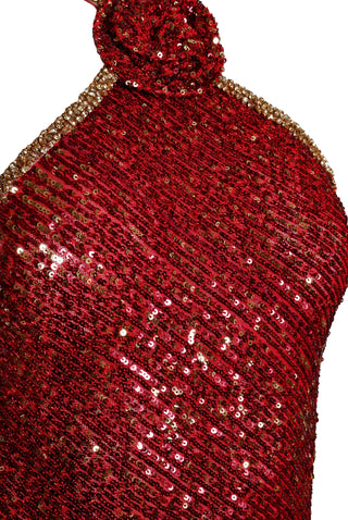 STRETCH SEQUIN HALTER FIT-AND-FLARE GOWN WITH BEADED TRIM