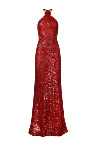 STRETCH SEQUIN HALTER FIT-AND-FLARE GOWN WITH BEADED TRIM