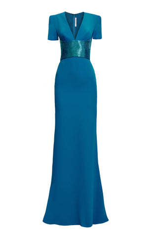V-NECK FIT-AND-FLARE GOWN WITH BEADED BELT
