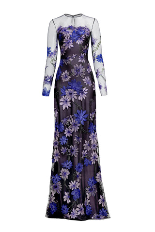 BOAT NECK FIT-AND-FLARE GOWN WITH LONG SLEEVES
