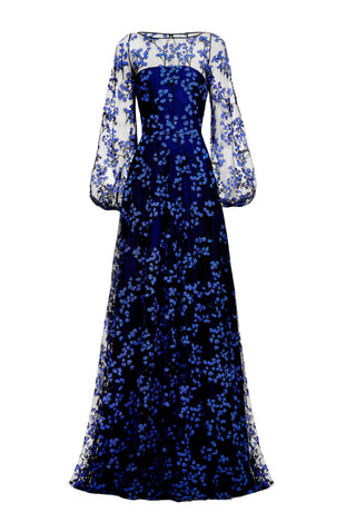 BOAT NECK FULL SKIRT GOWN WITH BLOUSON SLEEVES