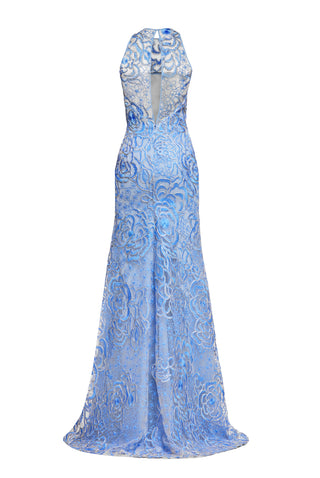 FLORAL RAFFIA HALTER FIT-AND-FLARE GOWN