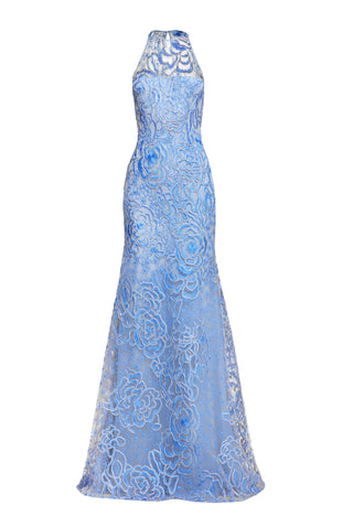 FLORAL RAFFIA HALTER FIT-AND-FLARE GOWN