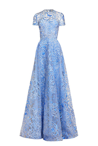 FLORAL RAFFIA JEWEL NECK FULL SKIRT GOWN WITH CAP SLEEVES