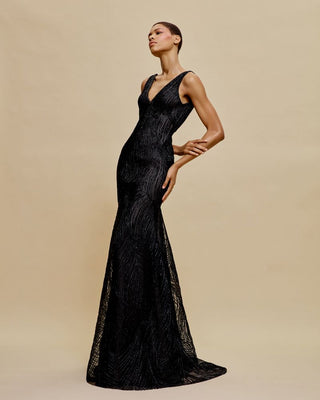 RAFFIA V-NECK FIT-AND-FLARE GOWN
