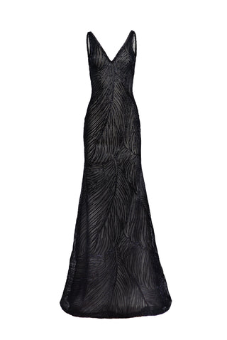 RAFFIA V-NECK FIT-AND-FLARE GOWN