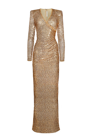 STRETCH SEQUIN V-NECK RUCHED FIT-AND-FLARE GOWN WITH CAP SLEEVES