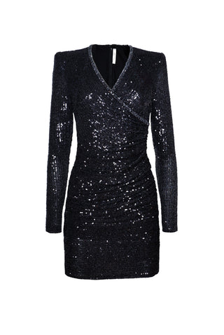 STRETCH SEQUIN V-NECK RUCHED DRESS WITH LONG SLEEVES