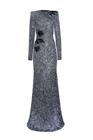 STRETCH SEQUIN JEWEL NECK FIT-AND-FLARE GOWN WITH LONG SLEEVES