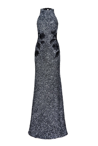 STRETCH SEQUIN HALTER FIT-AND-FLARE GOWN