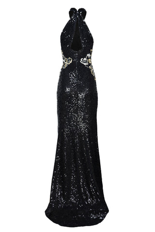STRETCH SEQUIN CRISS-CROSS NECK FIT-AND-FLARE GOWN