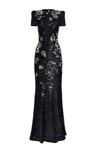 STRETCH SEQUIN JEWEL NECK CAP SLEEVE FIT-AND-FLARE GOWN