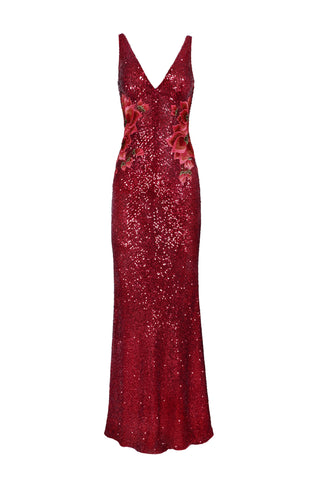 STRETCH SEQUIN V-NECK FIT-AND-FLARE GOWN WITH COWL BACK
