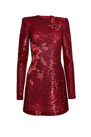 STRETCH SEQUIN JEWEL NECK DRESS WITH LONG SLEEVES