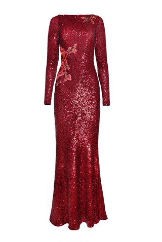 STRETCH SEQUIN BOAT NECK FIT-AND-FLARE GOWN WITH LONG SLEEVES
