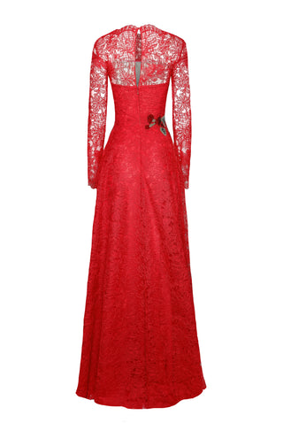 LACE JEWEL NECK FIT-AND-FLARE GOWN WITH CAP SLEEVES