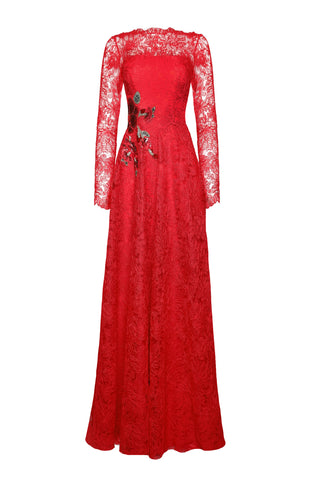 LACE JEWEL NECK FIT-AND-FLARE GOWN WITH CAP SLEEVES