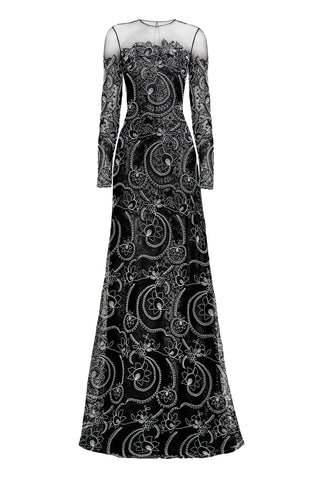 JEWEL NECK A-LINE GOWN WITH LONG SLEEVES