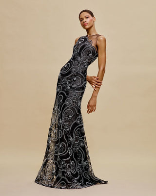ASYMMETRICAL ILLUSION NECKLINE FIT-AND-FLARE GOWN