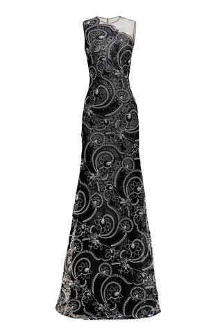 ASYMMETRICAL ILLUSION NECKLINE FIT-AND-FLARE GOWN
