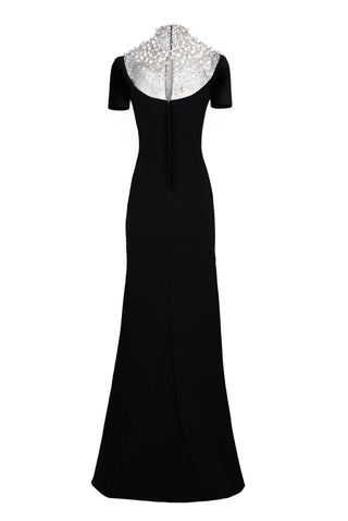 PEARL EMBELLISHED NECKLINE FIT-AND-FLARE GOWN WITH CAP SLEEVES