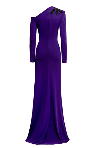 SCOOP NECK COLLUMN GOWN WITH CAP SLEEVES AND EMBELLISHED WAIST