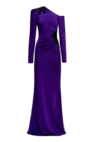 SCOOP NECK COLLUMN GOWN WITH CAP SLEEVES AND EMBELLISHED WAIST