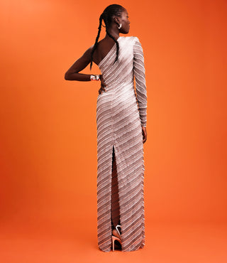 Stripe Embellished One Shoulder Gown