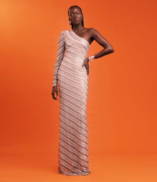 Stripe Embellished One Shoulder Gown