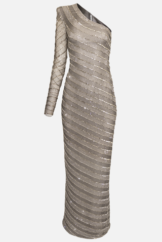 Stripe Embellished One Shoulder Gown