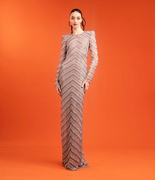 Stripe Embellished Jewel Neck Gown