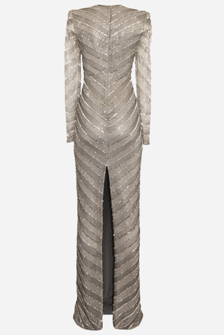 Stripe Embellished Jewel Neck Gown