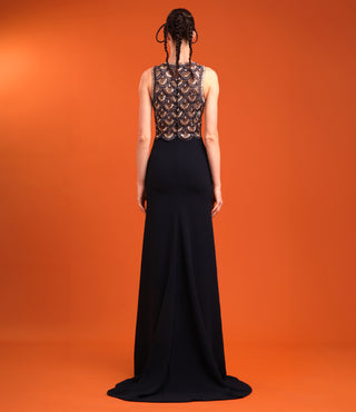 BEADED SCALLOP HALTER GOWN WITH CREPE SKIRT