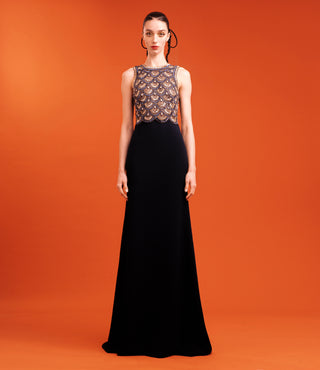 BEADED SCALLOP HALTER GOWN WITH CREPE SKIRT