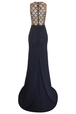 BEADED SCALLOP HALTER GOWN WITH CREPE SKIRT