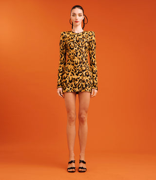 EMBROIDERED LEOPARD LONG SLEEVE DRESS