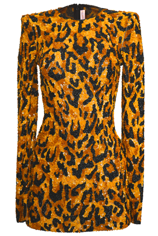 EMBROIDERED LEOPARD LONG SLEEVE DRESS