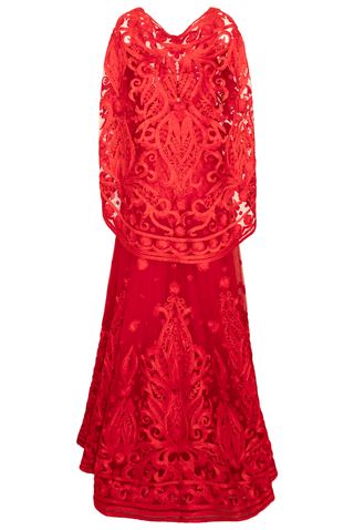 HOODED V-NECK SLEEVELESS RIBBON EMBROIDERED GOWN