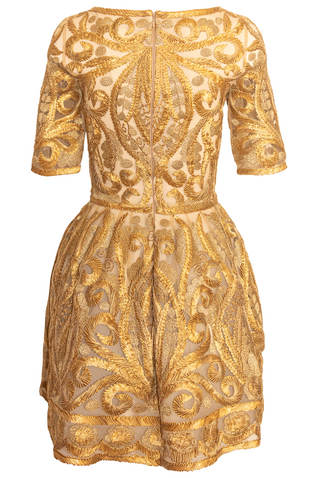 BOAT NECK BUBBLE SKIRT RIBBON EMBROIDERED DRESS