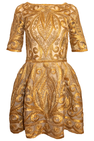 BOAT NECK BUBBLE SKIRT RIBBON EMBROIDERED DRESS