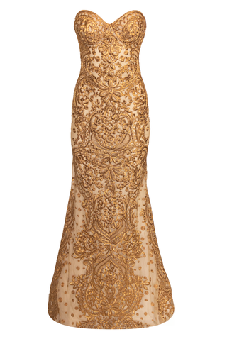 EMBROIDERED STRAPLESS CORSET GOWN