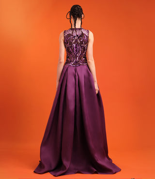 JEWEL NECK EMBELLISHED CREPE COLUMN GOWN