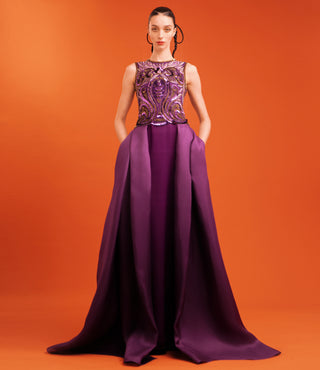 JEWEL NECK EMBELLISHED CREPE COLUMN GOWN