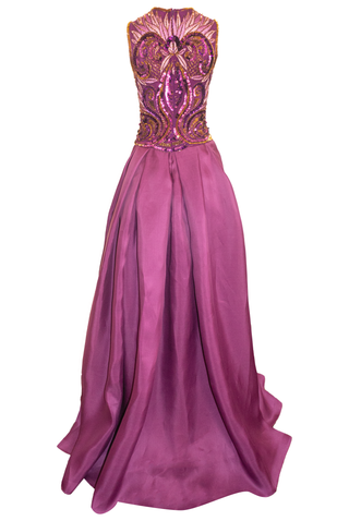 JEWEL NECK EMBELLISHED CREPE COLUMN GOWN