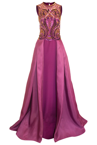 JEWEL NECK EMBELLISHED CREPE COLUMN GOWN